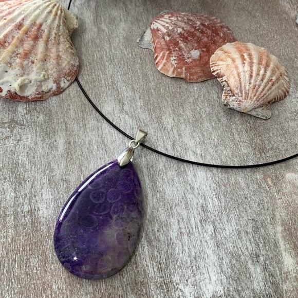 Purple Chrysanthemum Coral Fossil Teardrop Pendant Necklace – One of a Kind - Picture 5 of 10